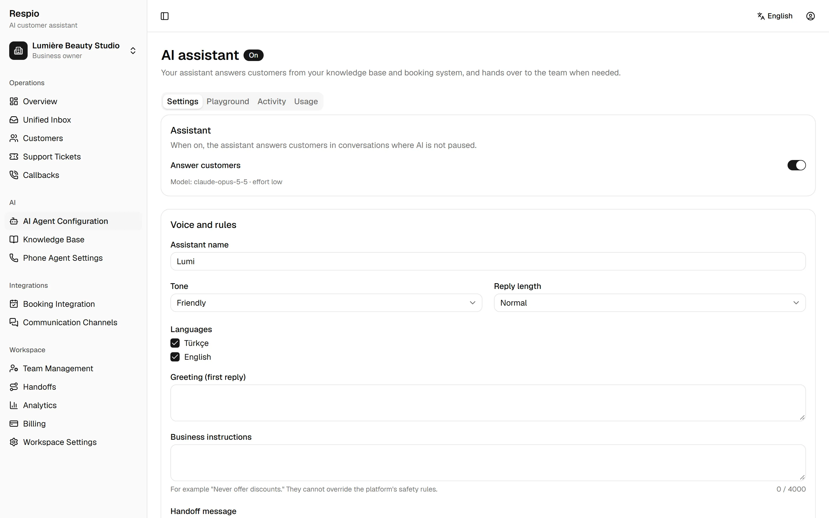 AI assistant settings: name, tone, languages and tools.