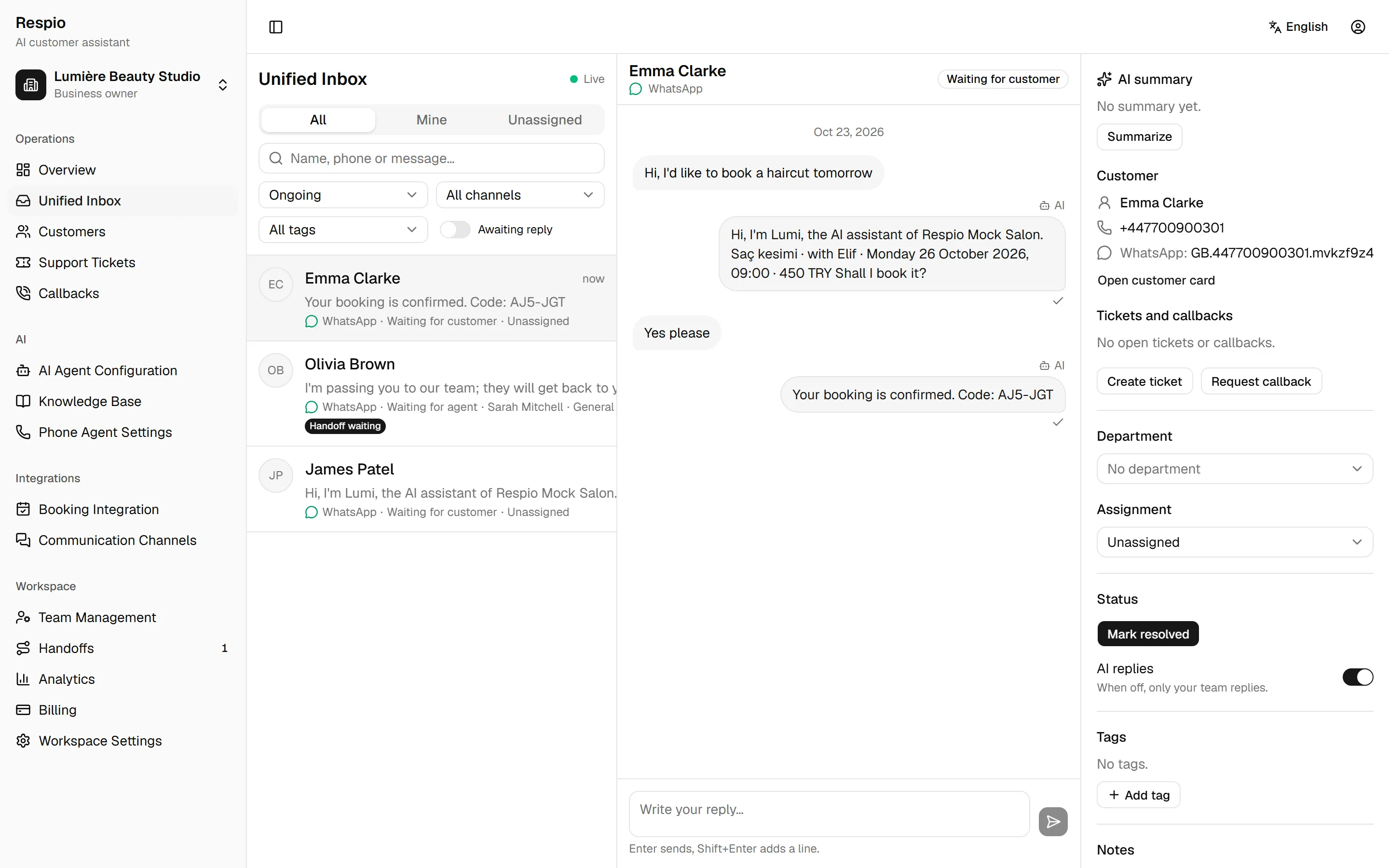 The Respio inbox: the AI assistant proposes a haircut a customer asked for on WhatsApp and books it after the customer confirms.