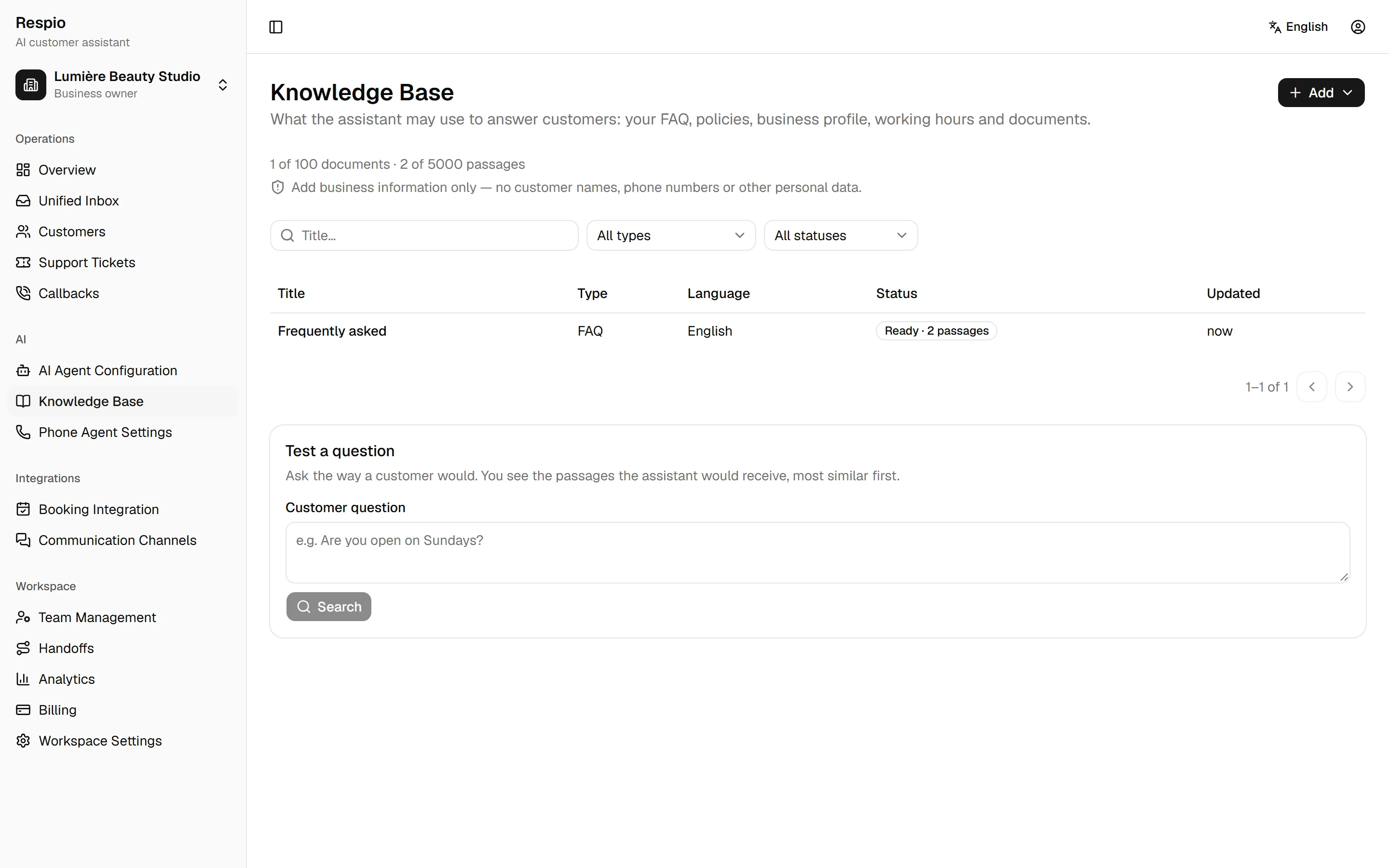 The knowledge base: FAQs are ready and the assistant answers from them.