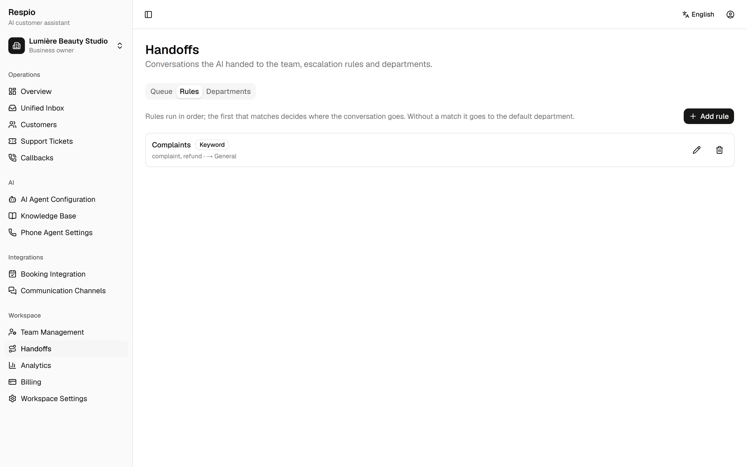 Handoff rules: the words complaint and refund send the conversation to the default department.